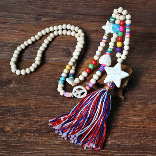 Colorful Beaded Tassel Long Necklace Stone Pendant Boho Summer Jewelry