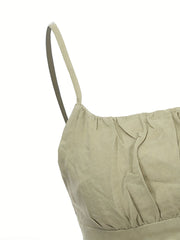Solid Pleated Crop Cami Top Shirred Back
