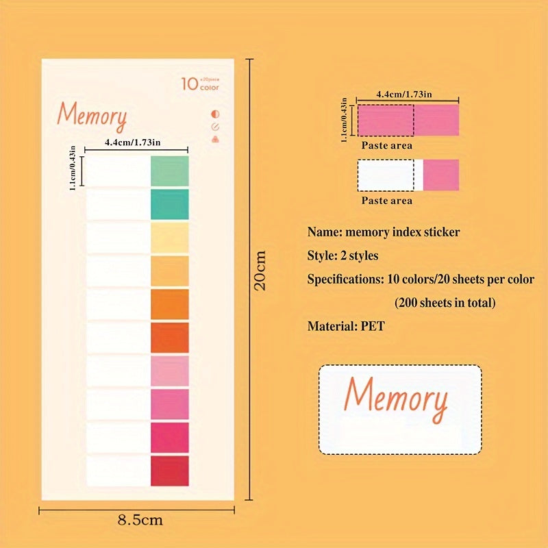 400pcs Romantic Index Stickers 20 Sheets Per Set 20 Colors PET Material