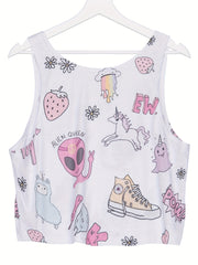 Cartoon Print Tank Top Crew Neck Sleeveless Top Women's Clothing