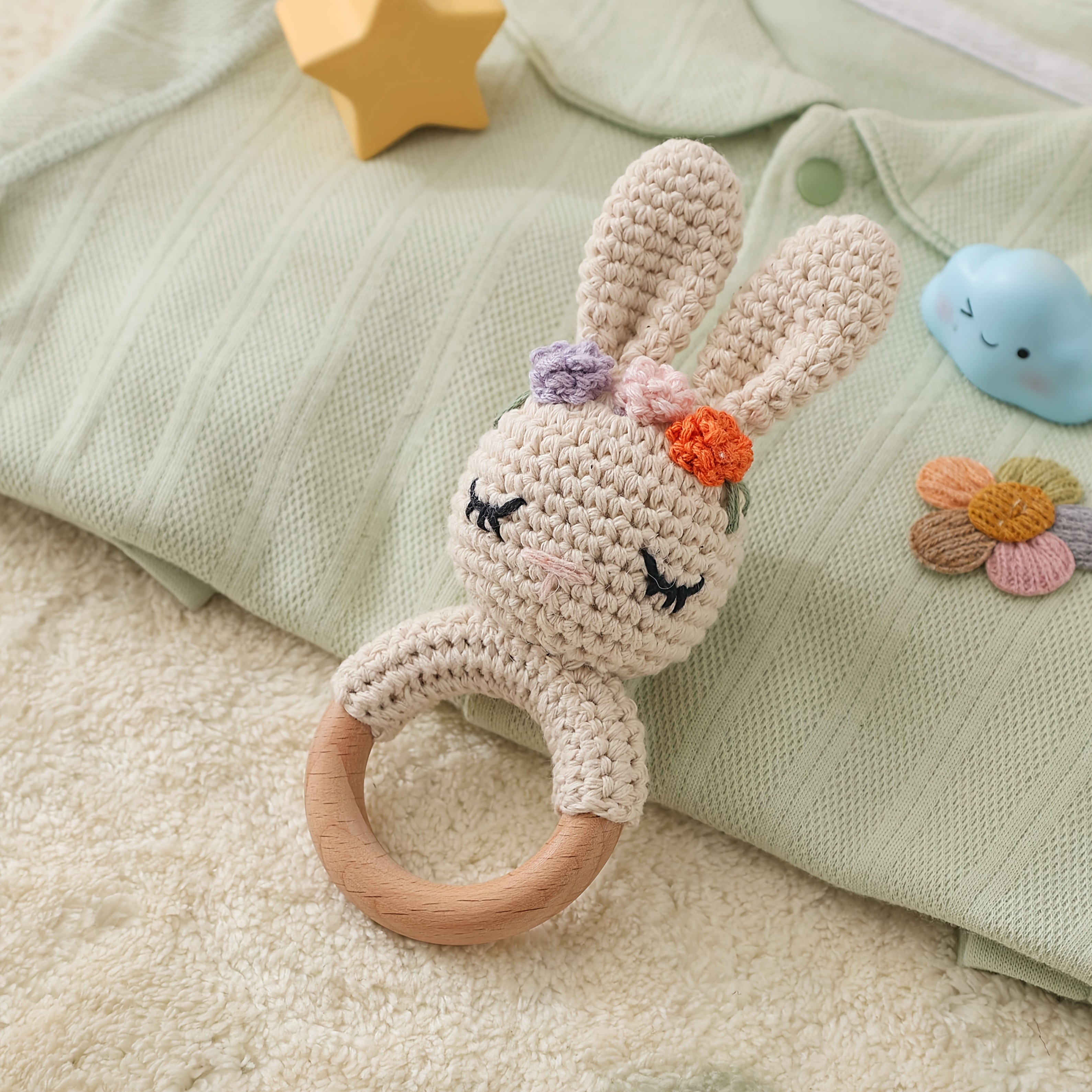 Crocheted Bunny Rattle Toy for Kids with Floral Headband - Soft Nylon Material