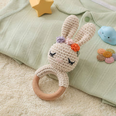 Crocheted Bunny Rattle Toy for Kids with Floral Headband - Soft Nylon Material