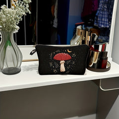 Small Moon Mushroom Print Makeup Bag for Women Waterproof Clutch Handbag