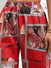  Patchwork Print Boho Pants High Rise Loose Fit Straight Leg Trousers