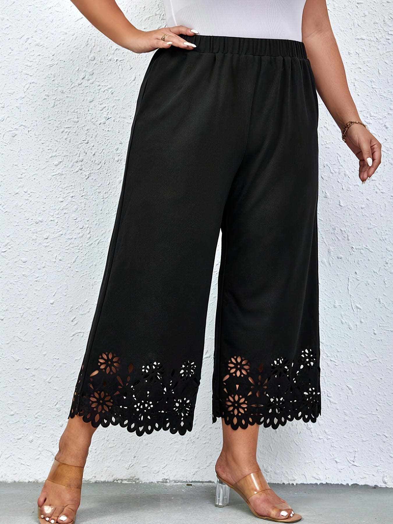  Pants Women's Plus Solid Scallop Trim Elastic High Rise
