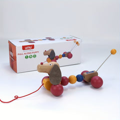 Wooden Puppy Pull Toy Bead Adorned Educational Toy for Preschoolers