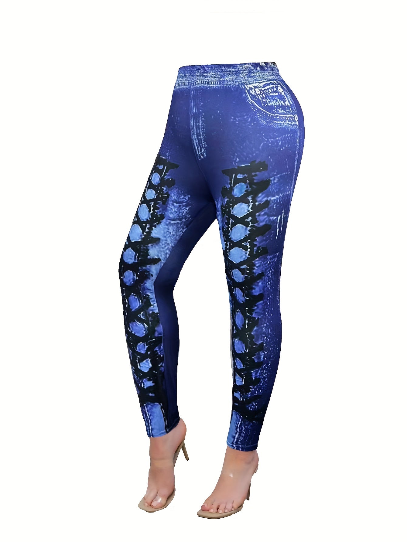 Denim Print Stretch Skinny Trousers