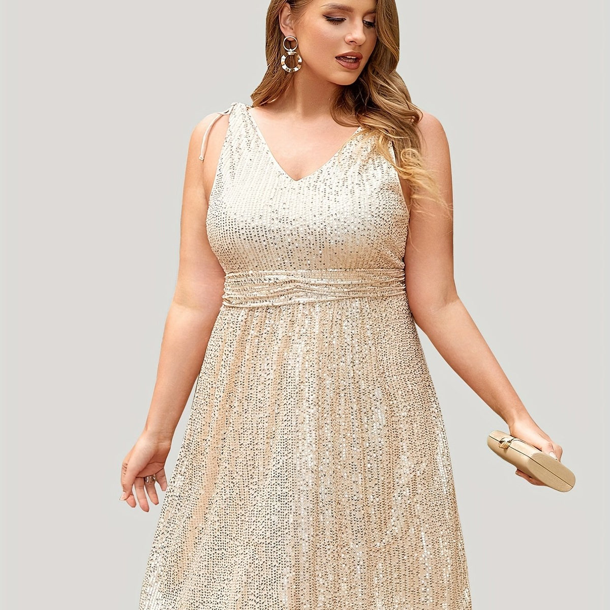 Sequin Waist V Neck A-line Party Dress