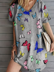 Women's Plus Butterfly Print V Neck Dress
