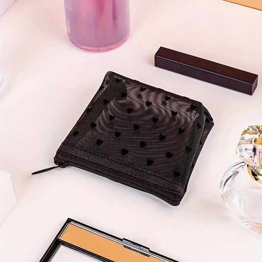 Heart Pattern Mesh Makeup Bag Cosmetic Zipper Pouch Small Travel Storage Bag