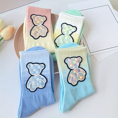 2 Pairs Bear Pattern & Ombre Mid Tube Socks Women's Stockings