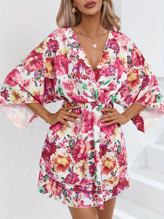  Floral Print Three Quarter Sleeve V Neck Layered Dress