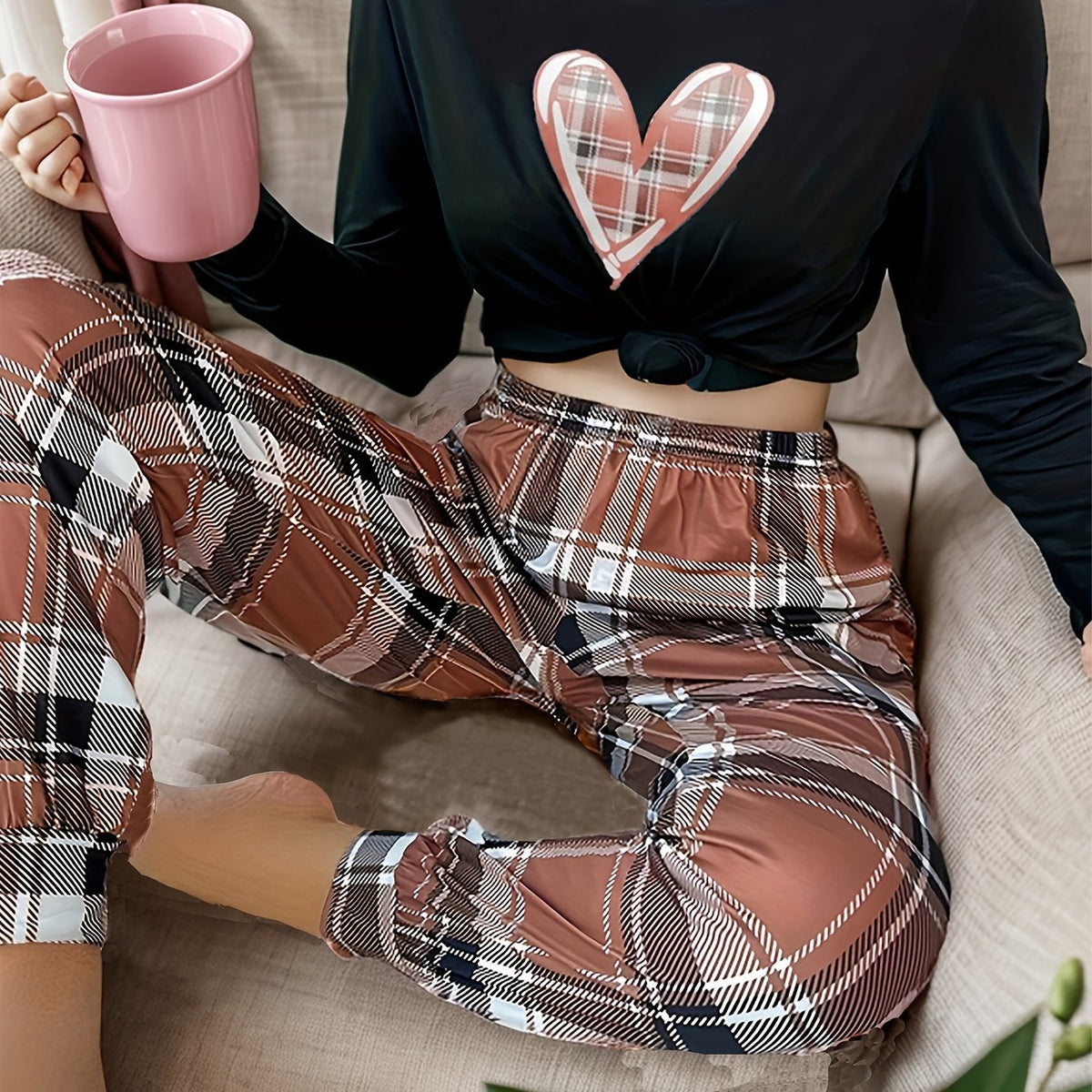Heart Print Pajama Set Long Sleeve Crew Neck Top & Plaid Pants