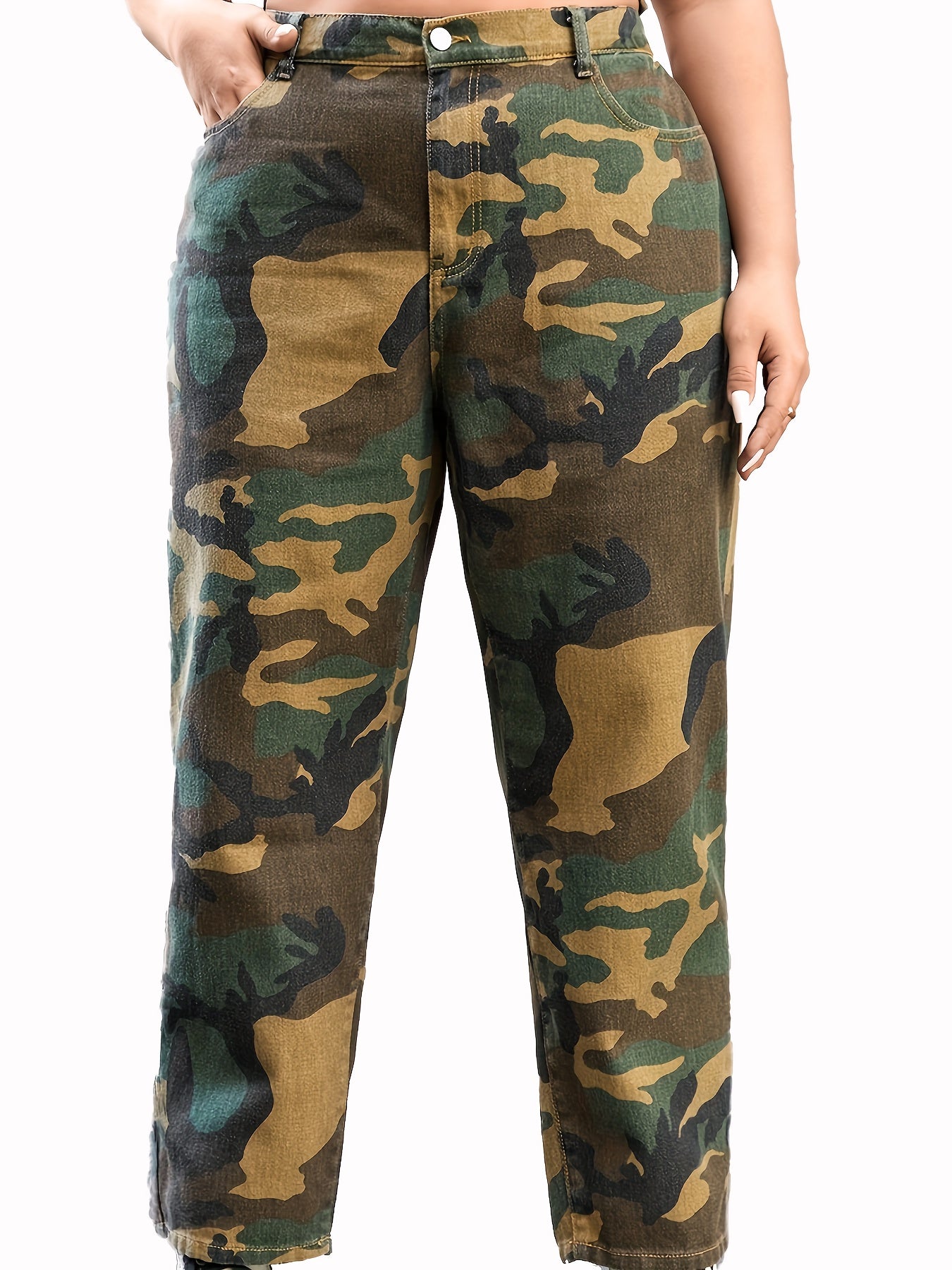  Camo Print High Rise Straight Leg Jeans