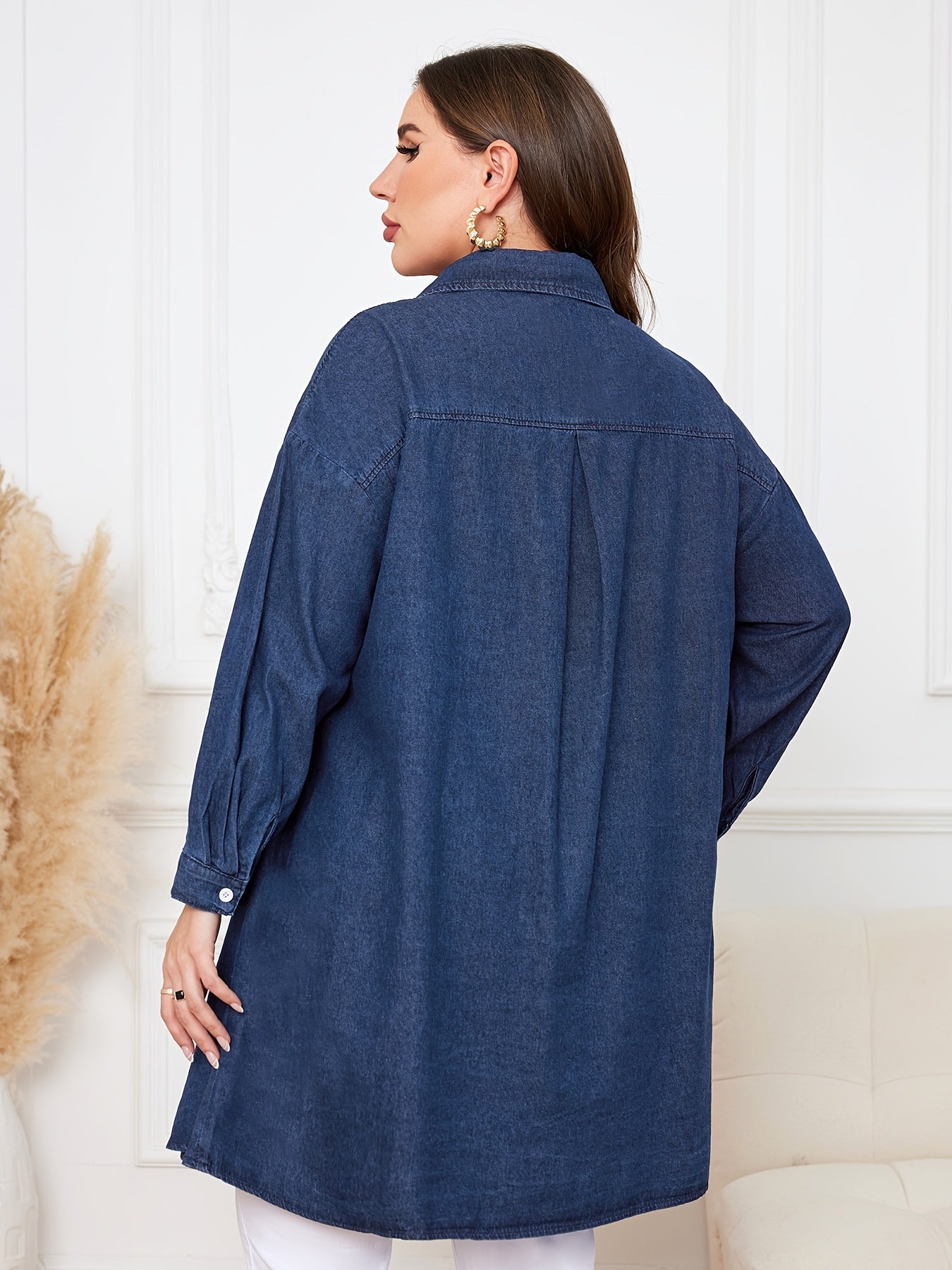  Casual Denim Top Women's Plus Solid Button Up Long Sleeve Tunic