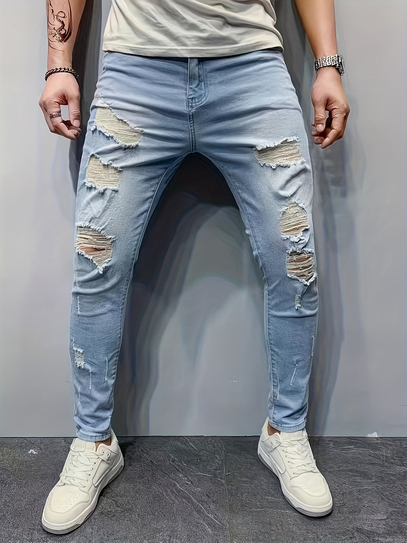 Men's Distressed Mid-Stretch Denim Jeans