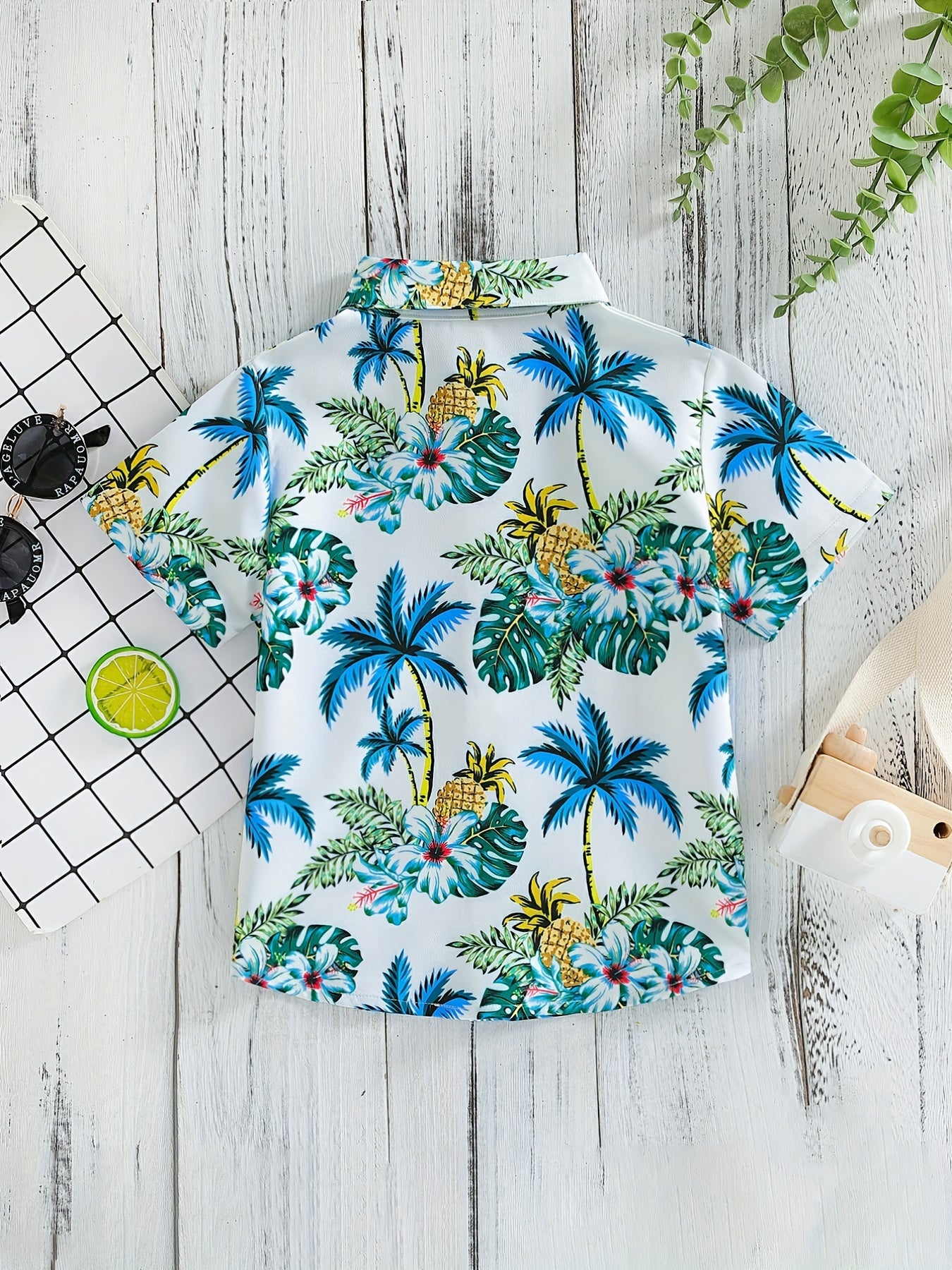 Boys Flowers & Leaves Print Short Sleeves Hawaiian Shirt for Beach Vacation