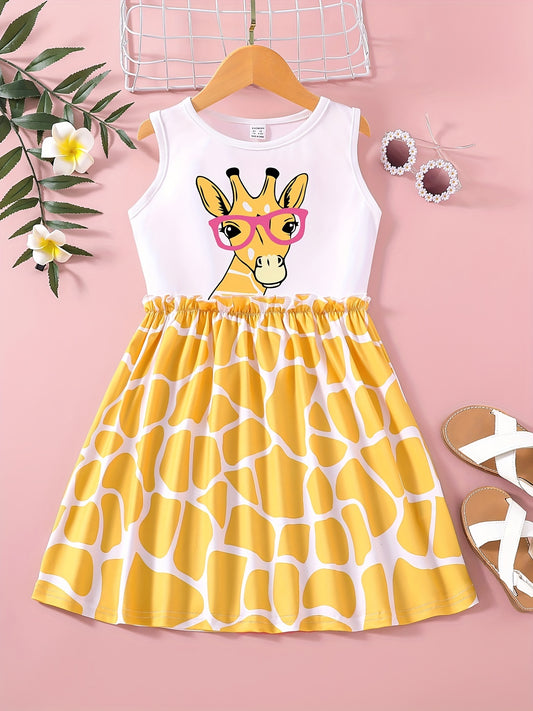 Girls Summer Floral Printing Dress Sleeveless Cartoon Giraffe Print 1-6 Yrs