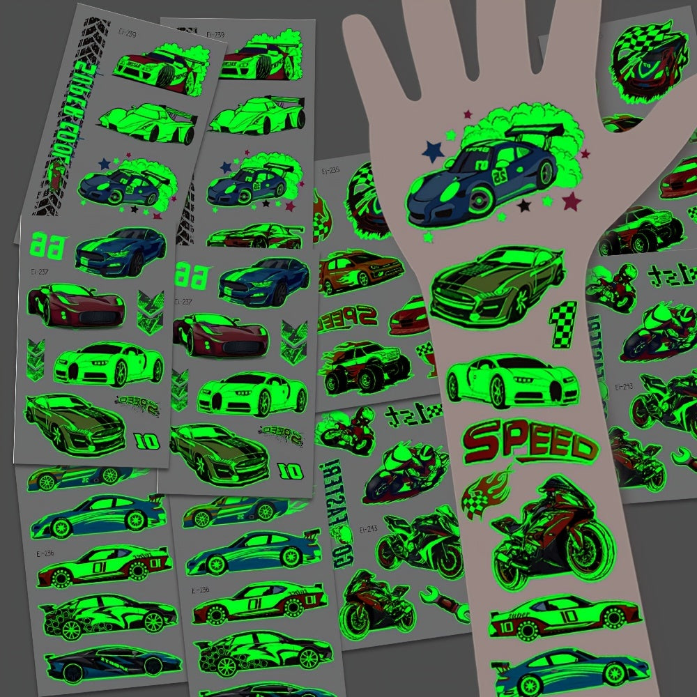 10 Sheets Glow in The Dark Racing Vehicles Temporary Tattoos