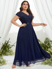  Bridesmaid Dress Solid Lace Short Sleeve V Neck Maxi Formal Dress