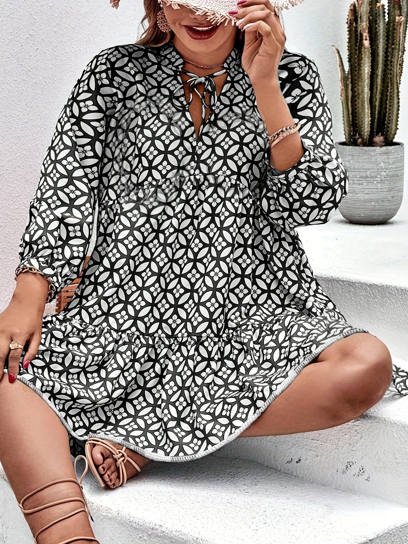  Boho Dress Women's Plus Allover Print Ruffle Trim Long Sleeve