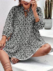  Boho Dress Women's Plus Allover Print Ruffle Trim Long Sleeve