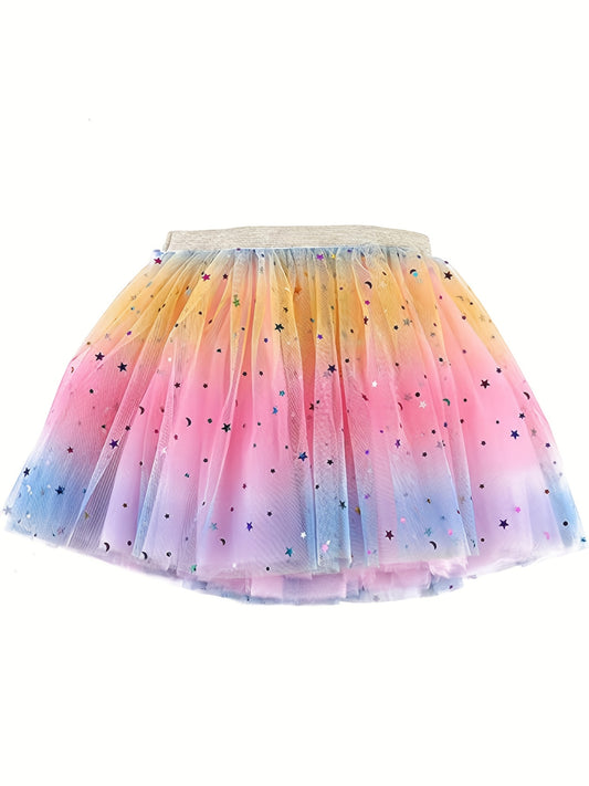 Girls Colorful Star & Dot Sequin Mesh Dancing Skirts For Kids Party