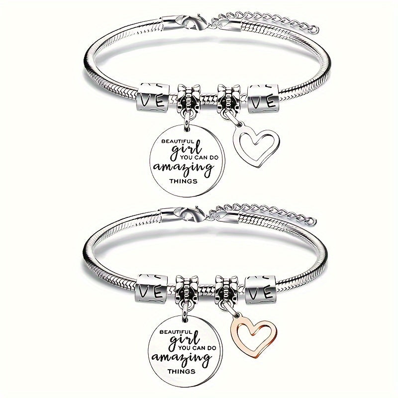 Love Heart Pendant Bangle Bracelet Stainless Steel Jewelry