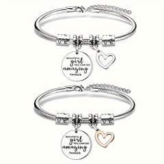 Love Heart Pendant Bangle Bracelet Stainless Steel Jewelry