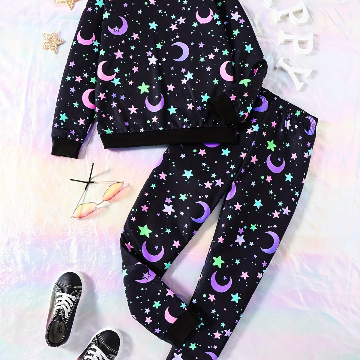 Girl's Star Moon Outfit 2pcs Sweatshirt & Sweatpants Set for Spring Fall
