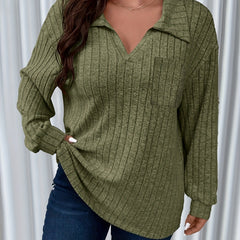  Casual Sweater Solid Ribbed Knit Long Sleeve Pullover