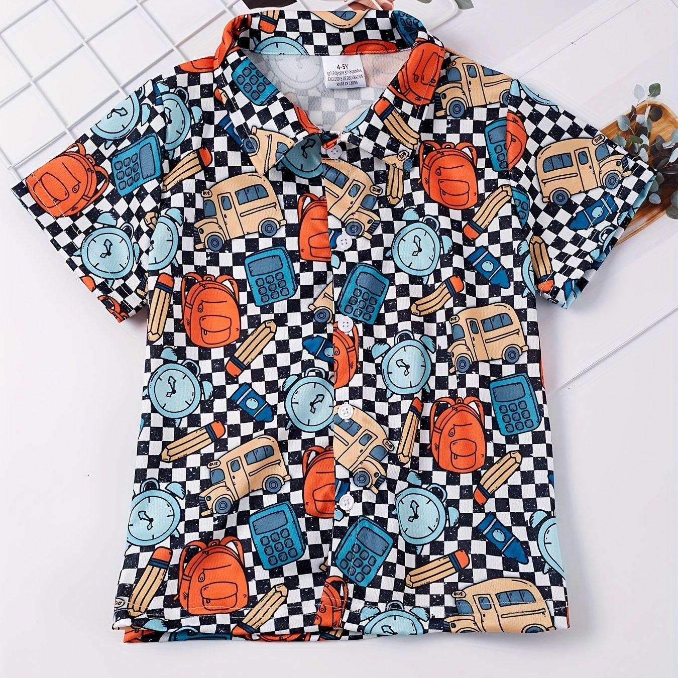 Boys School Bus Schoolbag Pencil Calculator Alarm Clock Short Sleeves Shirt