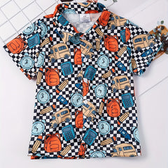 Boys School Bus Schoolbag Pencil Calculator Alarm Clock Short Sleeves Shirt