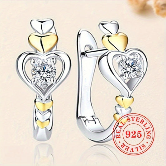 925 Silver Hoop Earrings Double Heart CZ Vacation Style April Birthstone