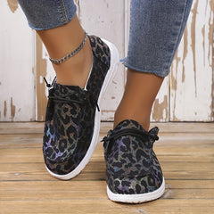 Leopard & Floral Pattern Low Flat Shoes Slip On Lace Up Casual Outdoor Shoes