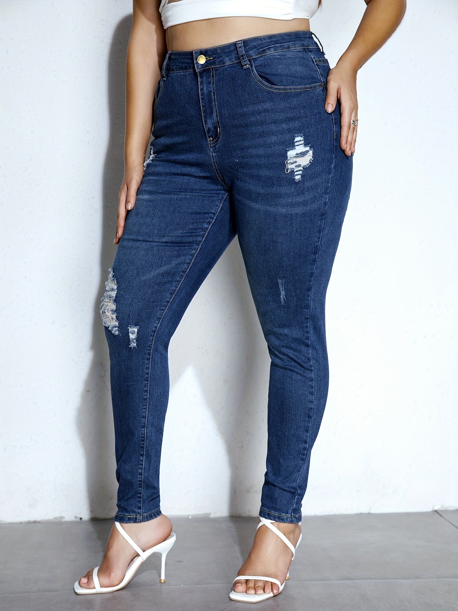  Ripped High Stretch Button Up Skinny Denim Pants