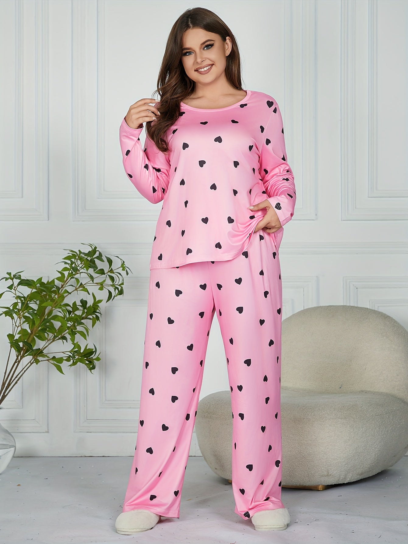  Heart Print Long Sleeve Tee & Pants Pajamas Set
