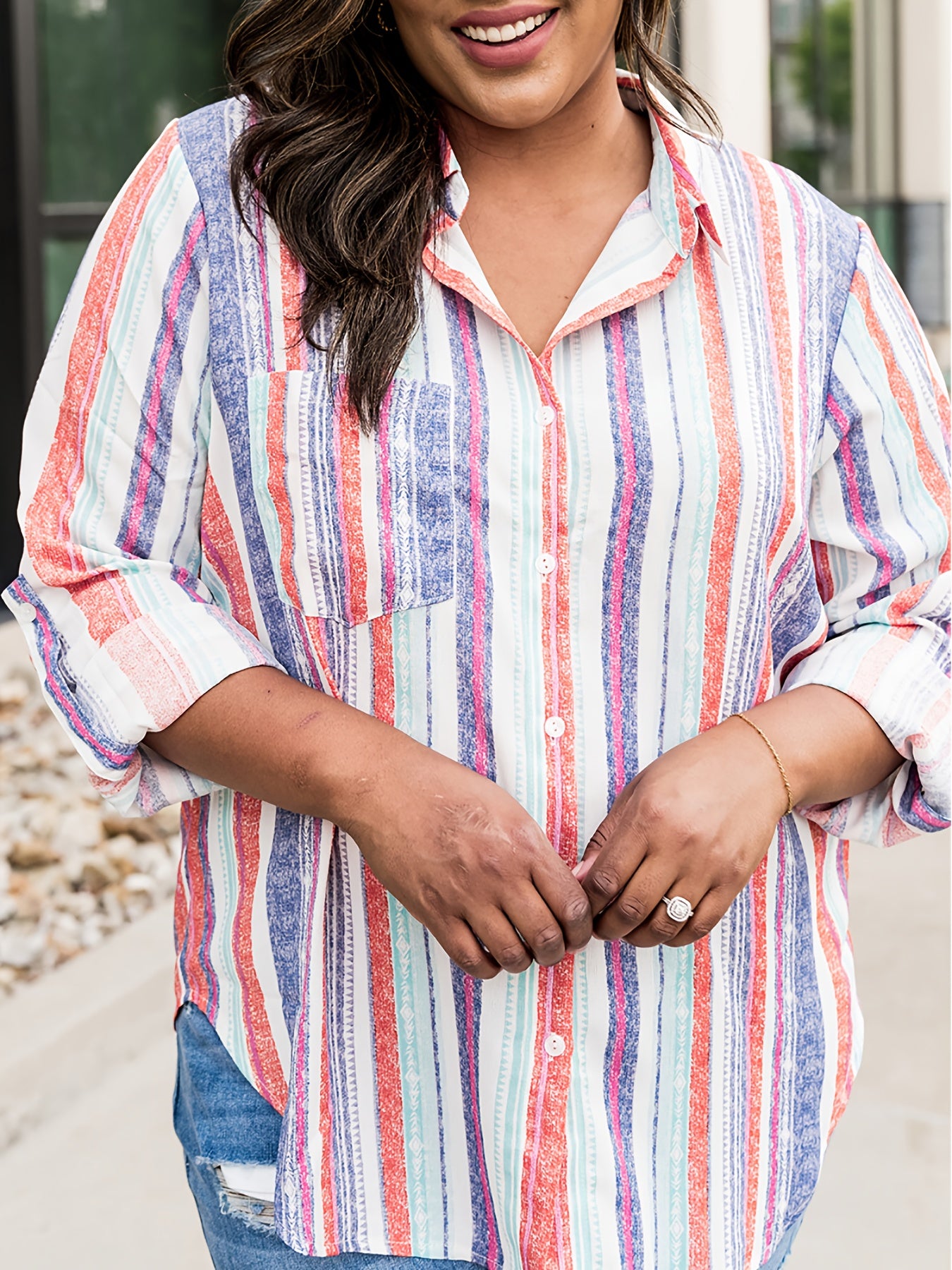  Women's Stripe Print Button Up Blouse