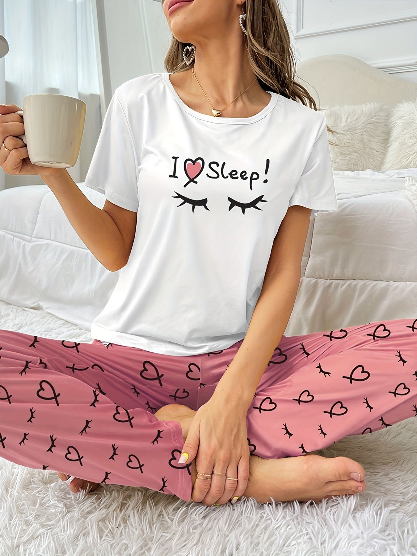 Heart Print Pajama Set Short Sleeve Crew Neck Top & Elastic Waistband Pants