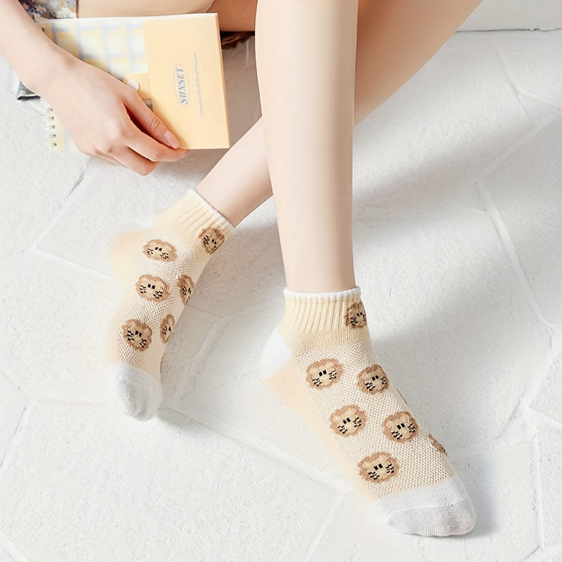 5 Pairs Cartoon Lion Print Comfy Low Cut Socks Women's Stockings