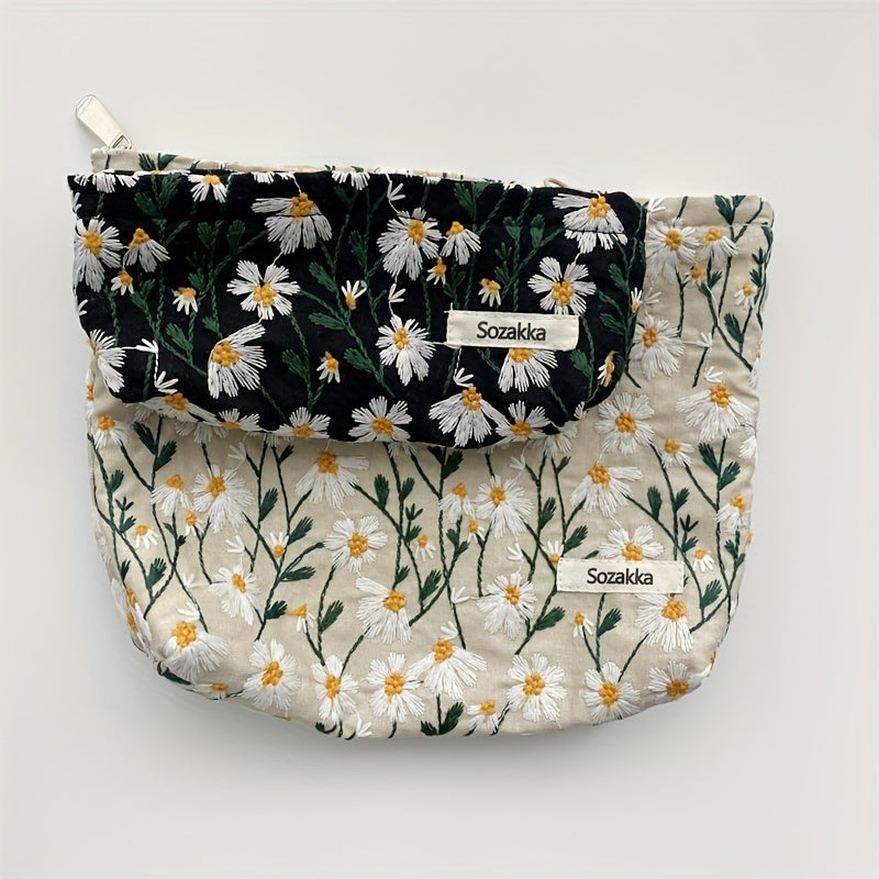 Embroidered Makeup Bag with Zipper Closure for Travel