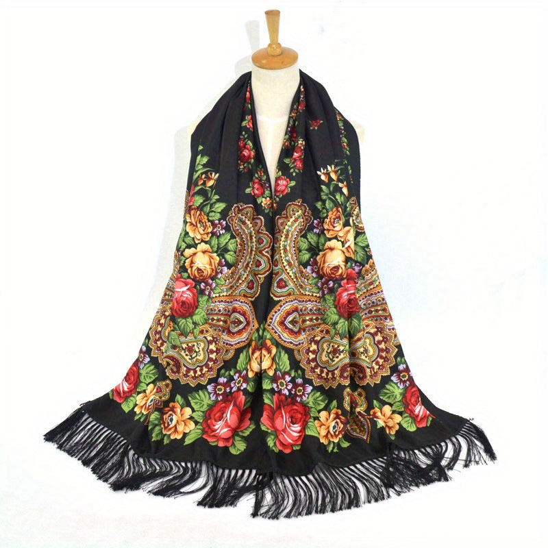 Flower Print Tassel Scarf Vintage Windproof Shawl Women