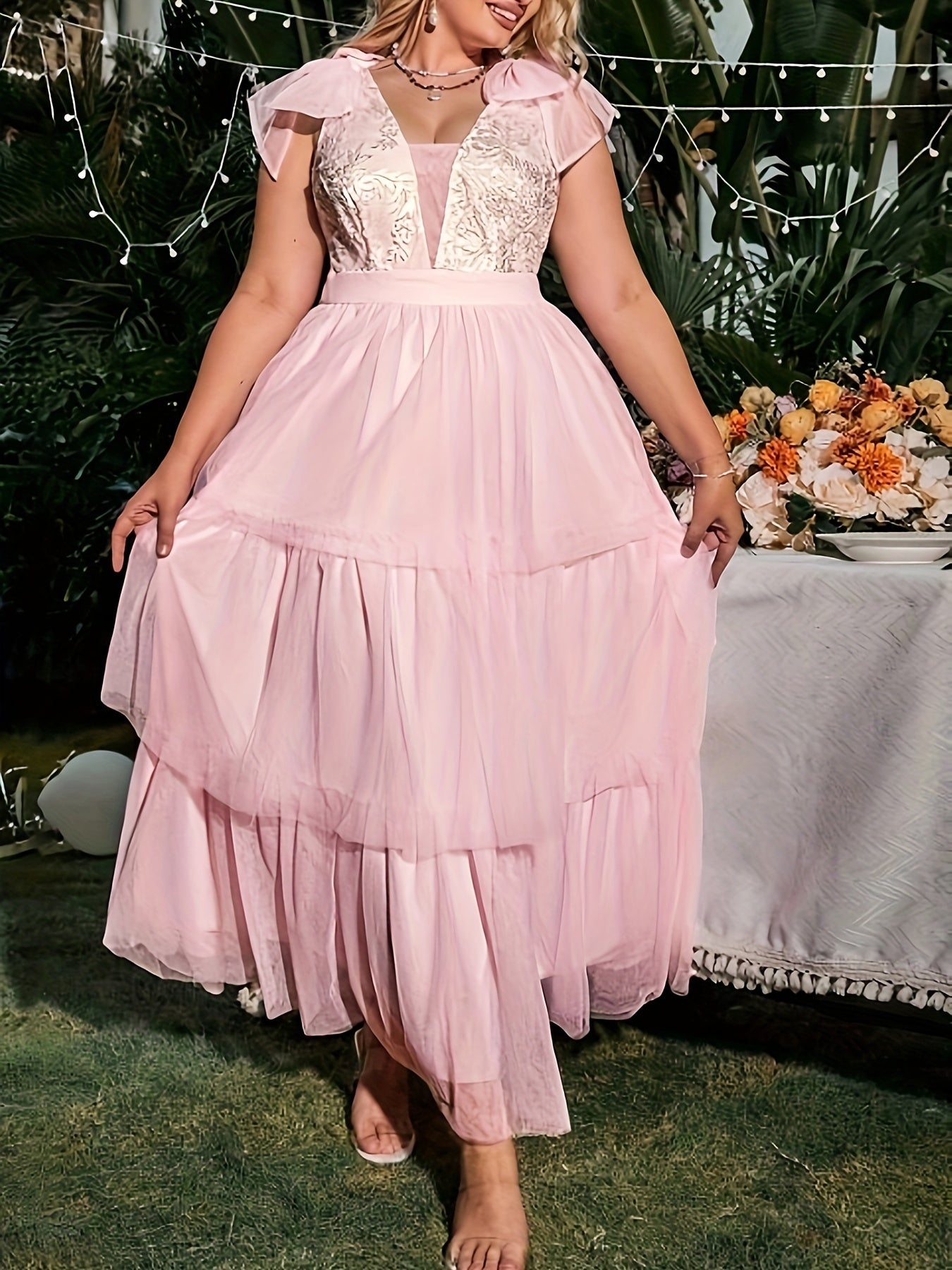 Colorblock Floral Embroidery Maxi Bridesmaid Dress
