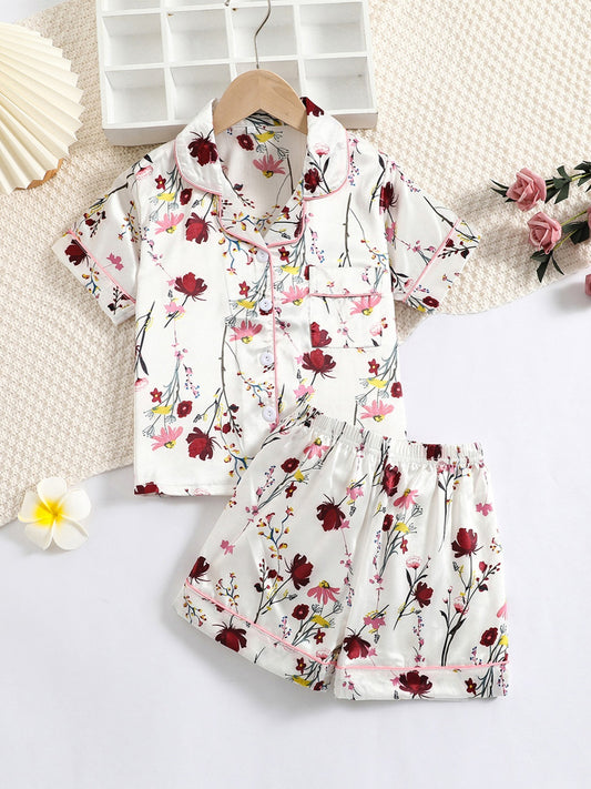 2pcs Girls Floral Pattern Satin Loungewear