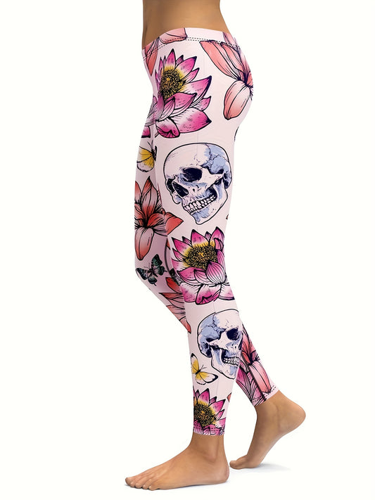 Women's Skull Butterfly Lotus Print Tight Pants for Yoga & Running