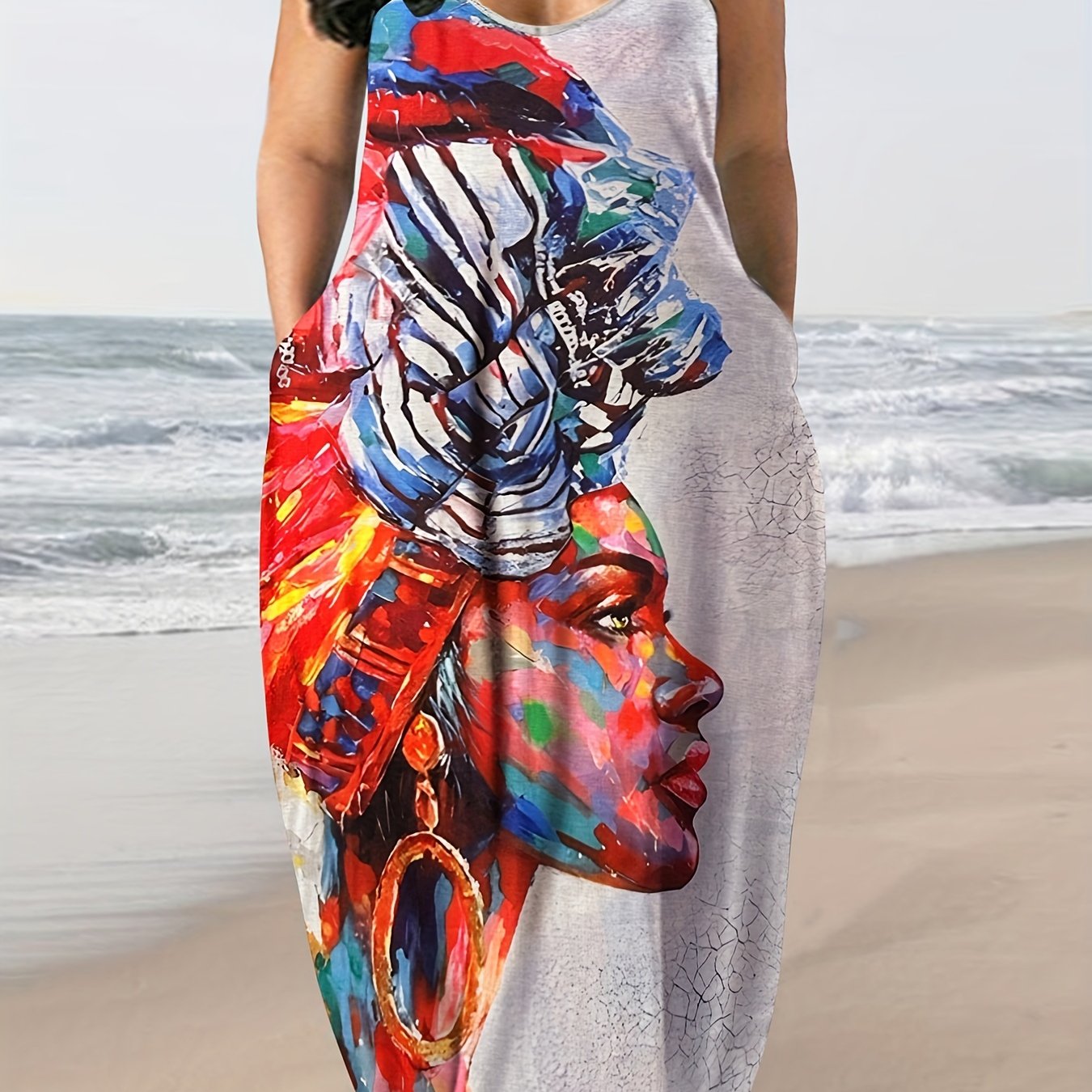  Figure Print V Neck Maxi Cami Dress