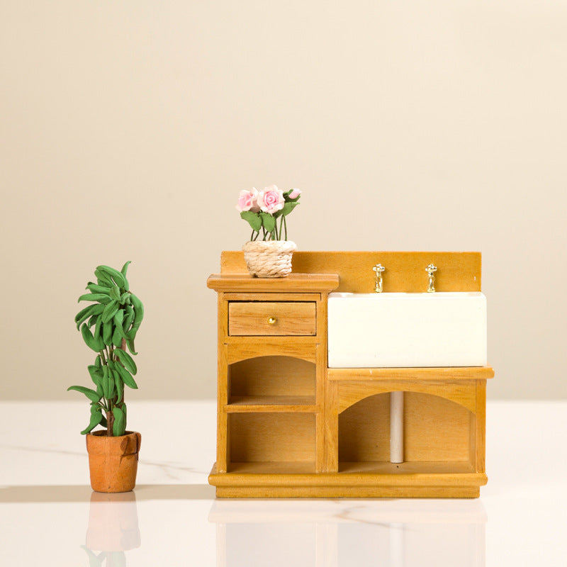 1:12 Scale Wooden Vanity with Mirror Rustic Bathroom & Kitchen Decor