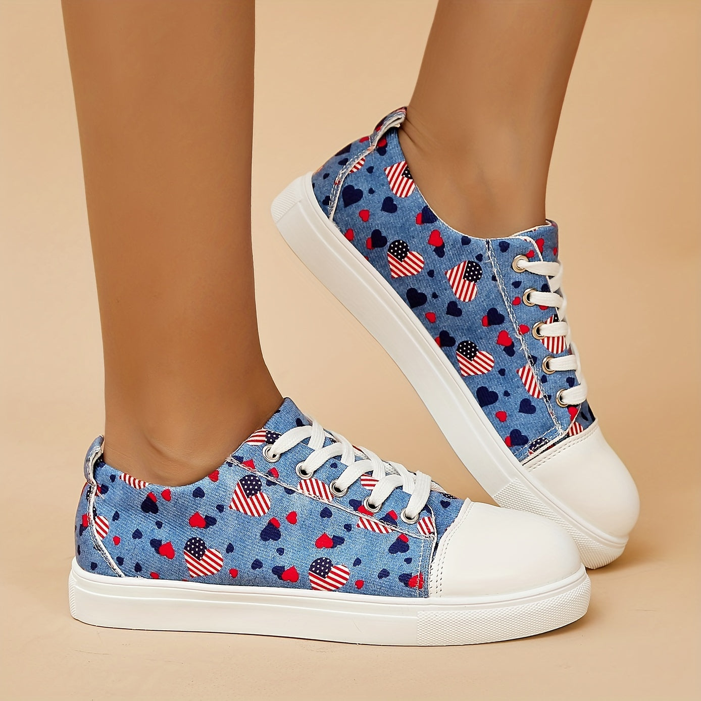 Women's Heart Pattern Denim Sneakers Lace Up Canvas Shoes