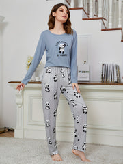 Panda Print Pajama Set Long Sleeve Crew Neck Top & Pants Women's Sleepwear