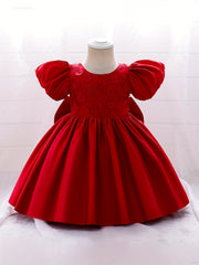 Girls Puff Sleeve Princess Dress with Flower Decor